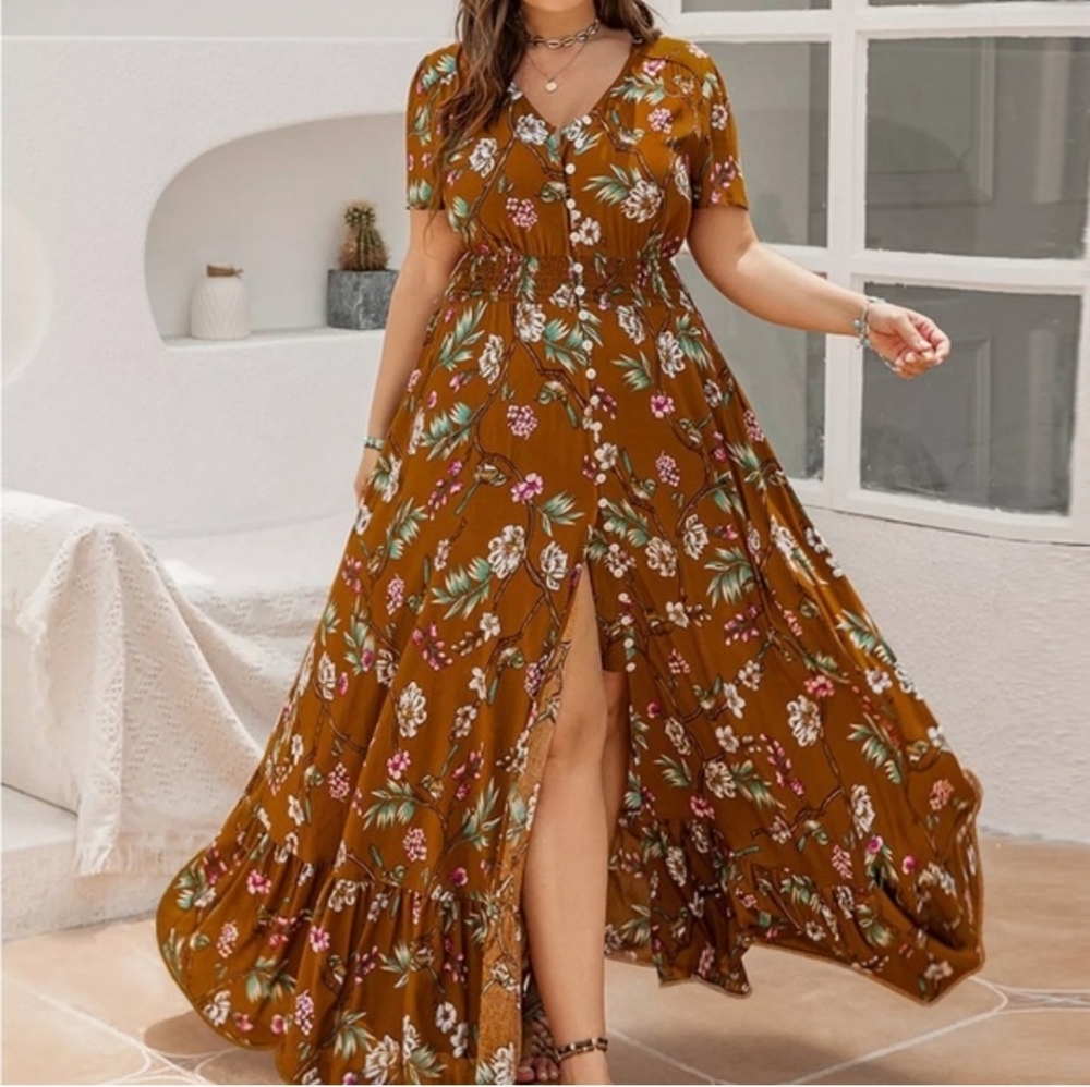 Rusty Dusty 0XL Boho Floral Maxi Dress Flowing Button Smocked Waist NWT #2131